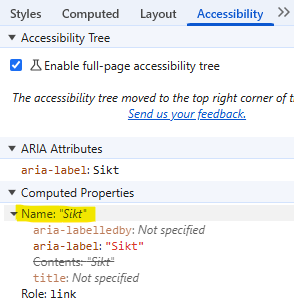 Utviklerverktøy viser tilgjengelig navn og hvilken kilde det kommer fra.